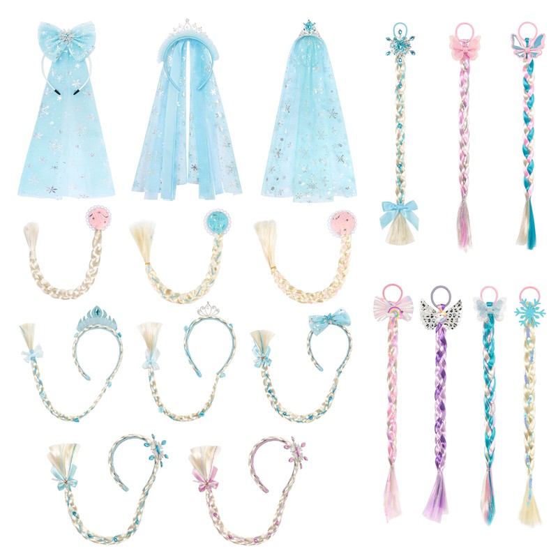 Girl Princess Hair Accessories Kids Elsa Anna Cinderella Crown Braid Wig Set for Children Girls Cosplay Aurora Mermaid Unicorn