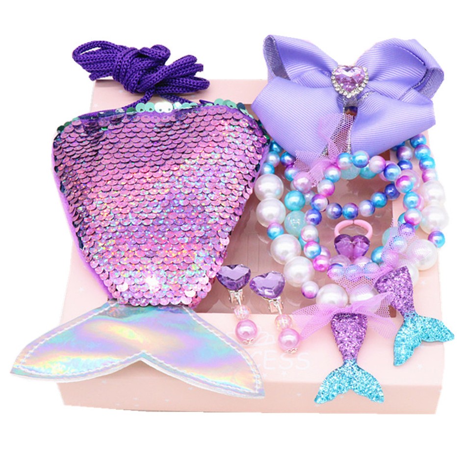 Mermaid Accessories Jewelry Set Sequins Purse Necklace Bracelet Bow Hairclip Shell Earring Gift for Girls Elsa Princess