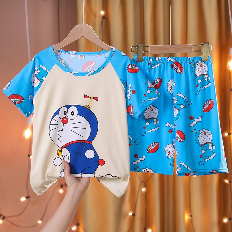 Doraemon Kids Pajamas Tops Pant Summer Cartoon Sleepwear Set Boys Girls Baby Clothes Pajamas Short Sleeve T-shirt Pajamas Suit