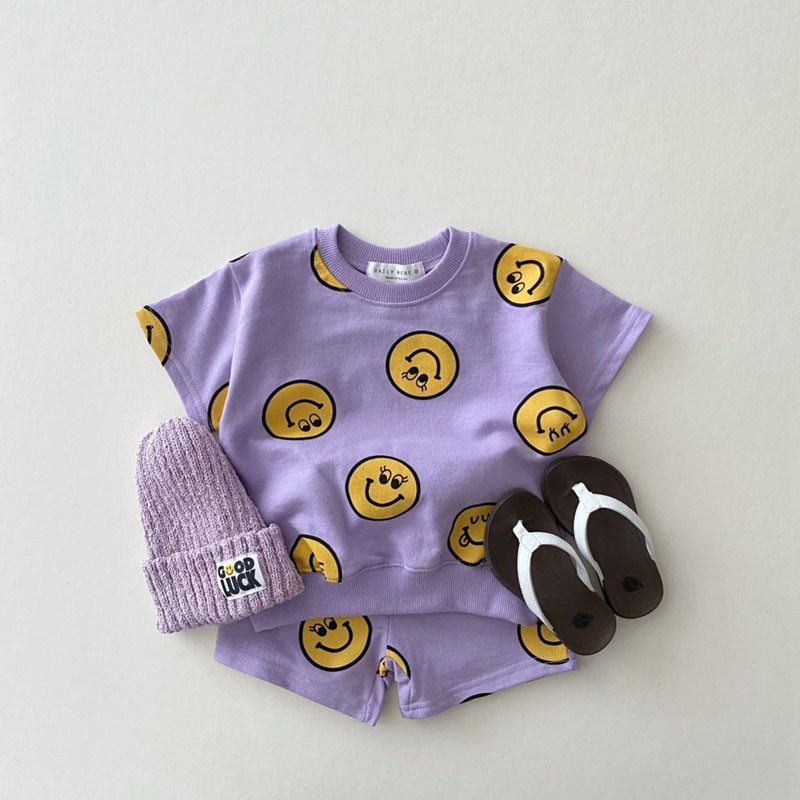 2021 Summer New Cotton Baby Clothes Set Boys and Girls Cute Smiley Print Tops + Shorts 2pcs Kids Children Clothing Suit