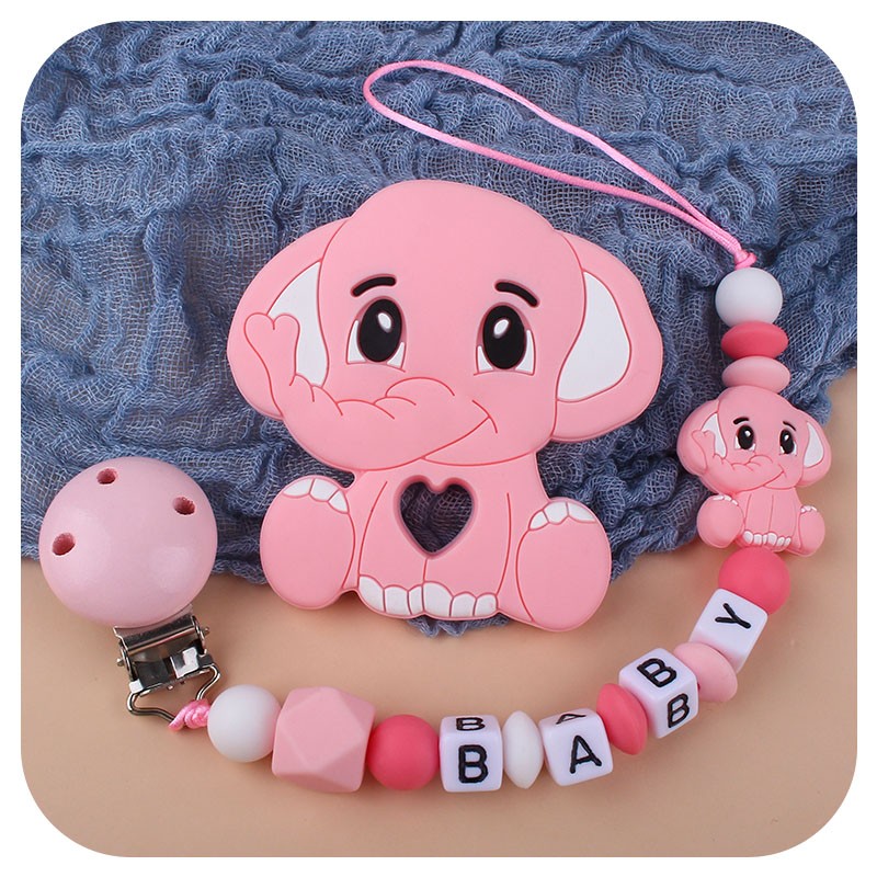 Customized Name Newborn Infant Baby Pacifier Clips Chain Elephant Silicone Beads Toy Teether Toy Doll Baby Holder Pacifier Chain