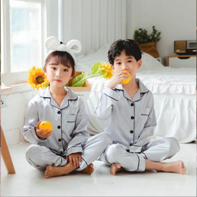 Silk Pajamas for Girls Boy Pajama Sets Summer Autumn Satin Long Sleeve Fashion Gray Pajama Toddler Kid Pajama Sleepwear Suit 3-14Y