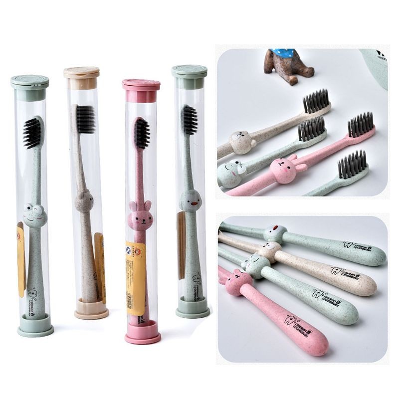 1 Set Children Baby Toothbrush Cartoon Handle Mouth Bamboo Charcoal Brush Natural Care Wheat Straw Degradable