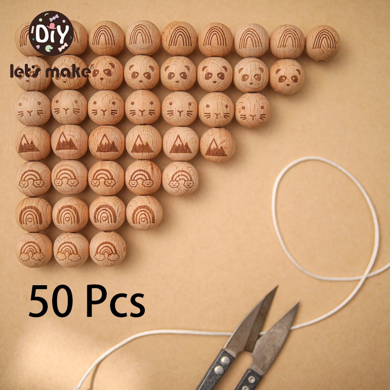 Let's Make 50pcs 16mm Cartoon Beech Wood Round Beads Necklace DIY Bracelet Safe Non-Toxic Eco Friendly Wooden Crafts Toys