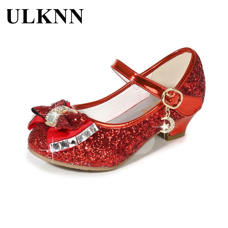 ULKNN-Children's leather shoes, casual high-heeled shoes with flowers and sequins, butterfly knot, blue, pink and silver, 2021