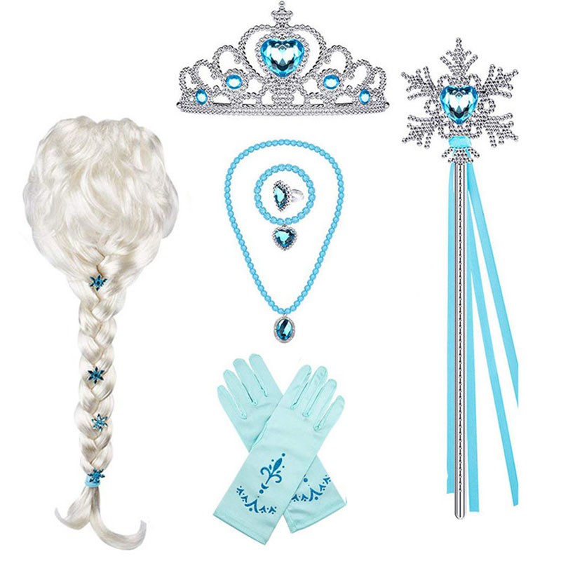 Princess Elsa jewelry set, accessories, gloves, wand, tiara, necklace, wig, princess dress, fancy dress