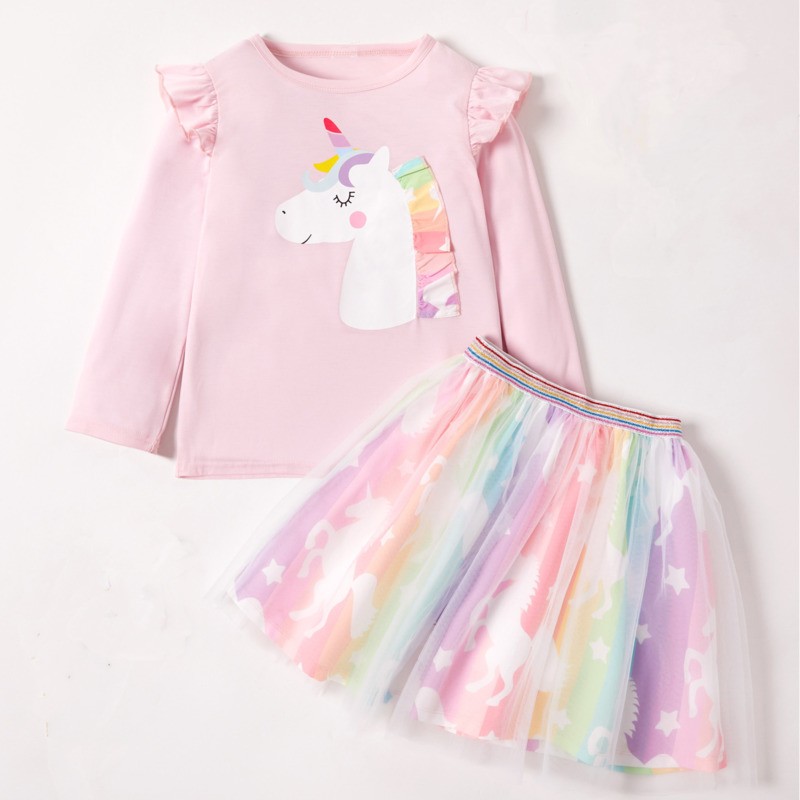 2022 spring new little girls clothes pink clothing set cartoon unicorn long sleeve T-shirt skirt 2 two-piece outfits