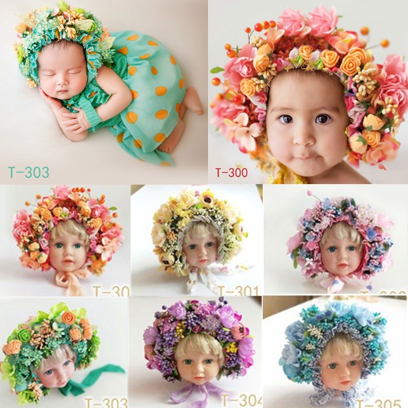 Newborn Photography Props Baby Handmade Flowers Colorful Bonnet Hat Infant Studio Shooting Photo Props Posing Accessories