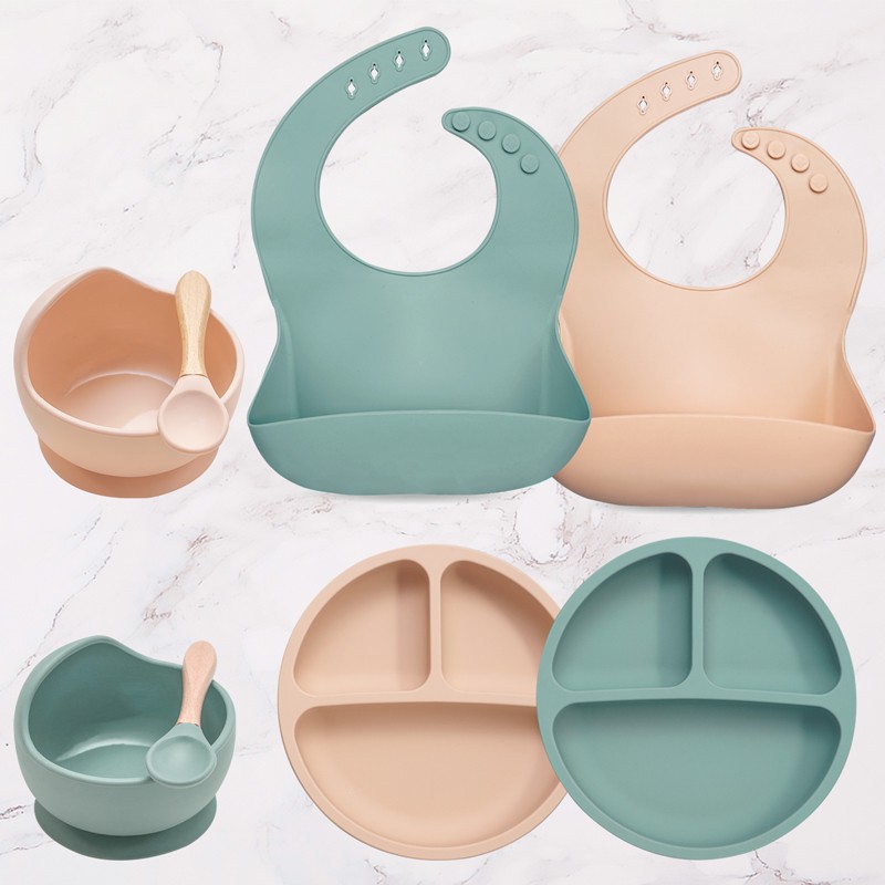 2021 new design silicone baby products tableware feeding waterproof bibs newborn flatware bowl spoon baby accessories