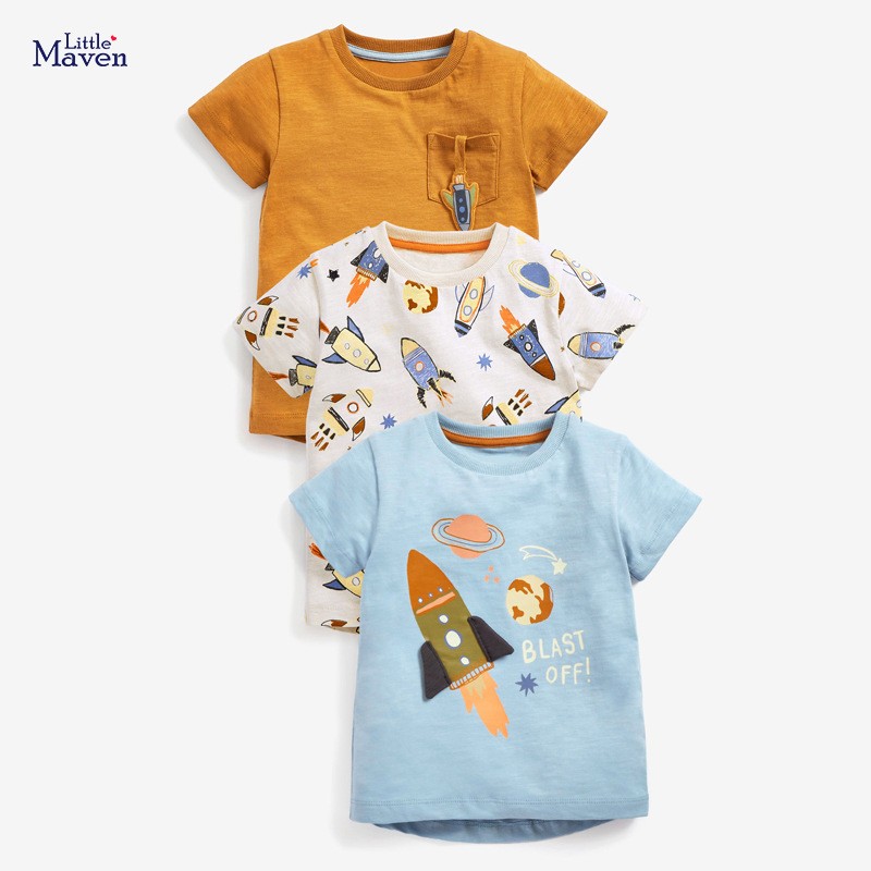 Little maven 2022 baby boys summer clothes kids cotton T-shirt lovely cartoon space fashion tops for children 2-7year