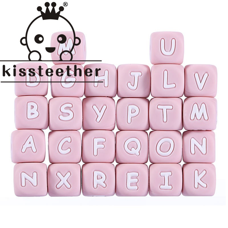 Kisstether 100pcs Silicone Teether Baby Toys Chew Pendant Decoration DIY Food Grade Silicone Letter Beads Pink Silicone Beads