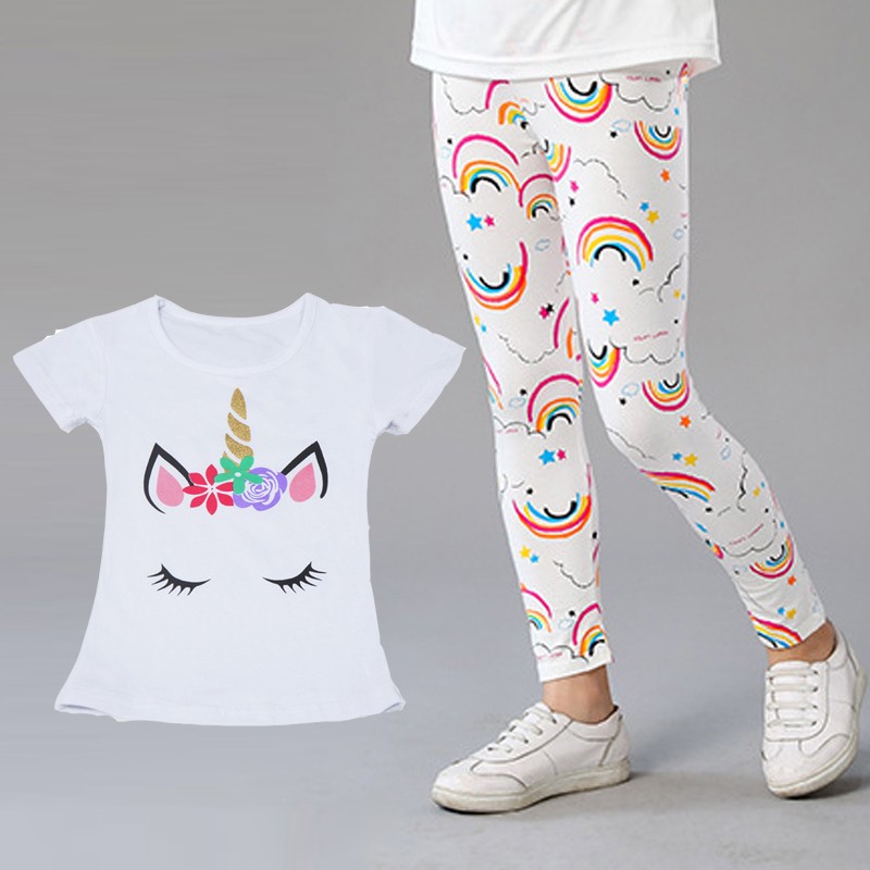 2pcs Kids Clothes Set Summer T-shirt Leggings Little Girl Print T-shirt and Pants Outfits Baby Girl Leggings