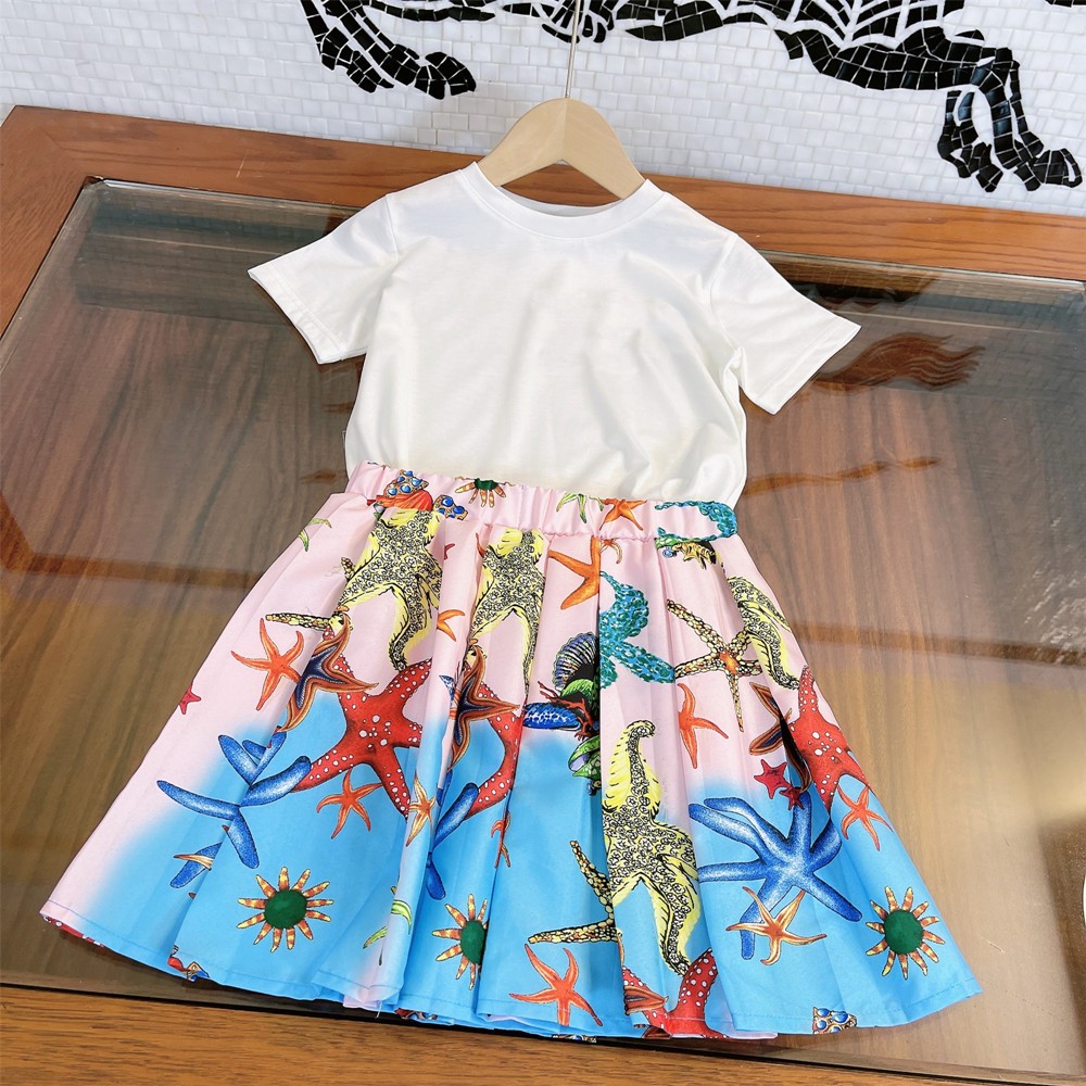 Designer Kids Girls Short Sleeve T-shirt + Starfish Print Pleated Skirt 2 Pieces Set Fluffy Kids Summer Clothes