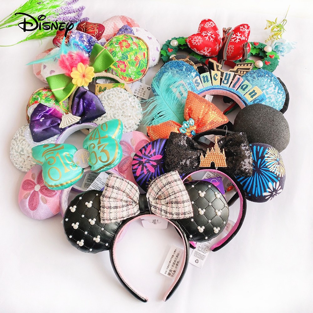 Original Disney Mickey Mouse Earphone Shanghai Disney Big Ears Bows Costume Headband Cosplay Plush Adult/Kids Headband Gift