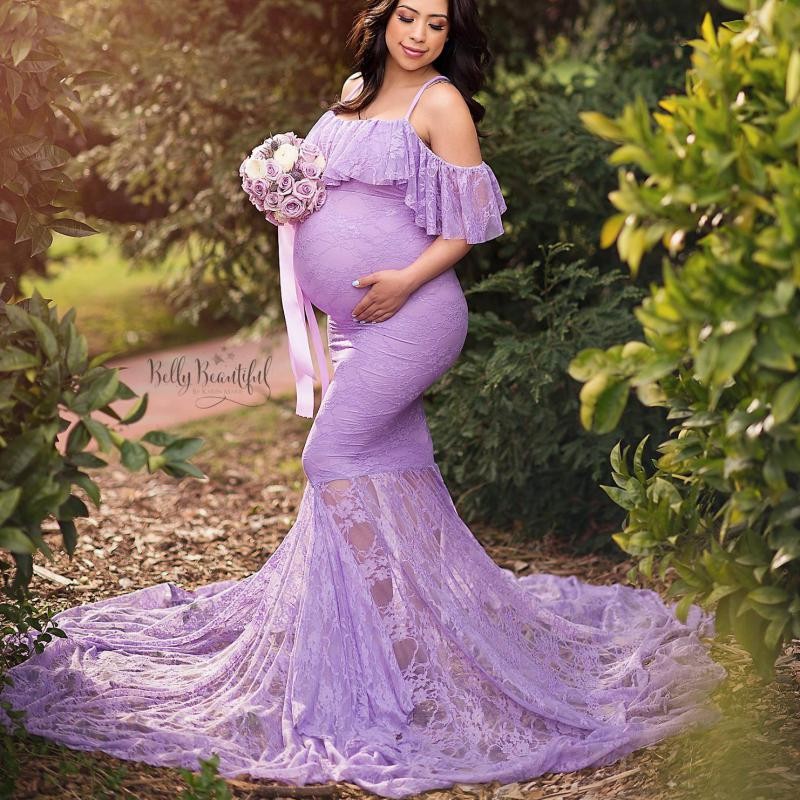 Elegant Maternity Dress Photography Maxi Maternity Dress Women Off Shoulder Spaghetti Strap Ruffles Mermaid Lace Gown Clothes