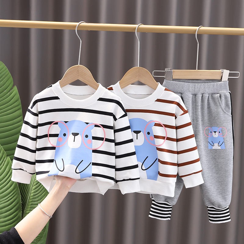 0-5 Years New Spring Children Girls Boys Cartoon Striped T-shirt Sports Pants 2pcs/set Kids Strips Toddler Clothes Cotton Suit