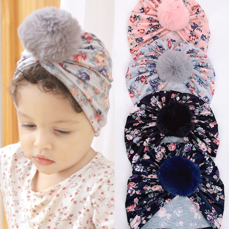 Cute Faux Fur Ball Baby Kids Turban Hat Floral Print Infant Headdress