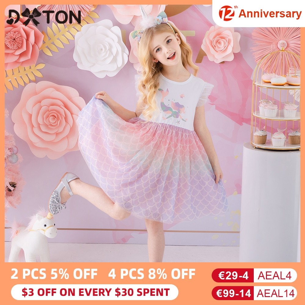 DXTON-Girls Summer Dresses Princess Kids Clothes Flying Sleeve Unicorn Dress 2021