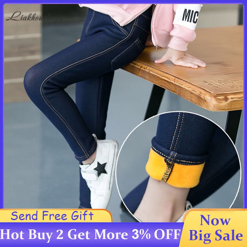 Girls Jeans Pants Skinny Jeans Korean Fashion Warm Elastic Fleece Lined Leggings Girls 4 to 13 Years Autumn Winter