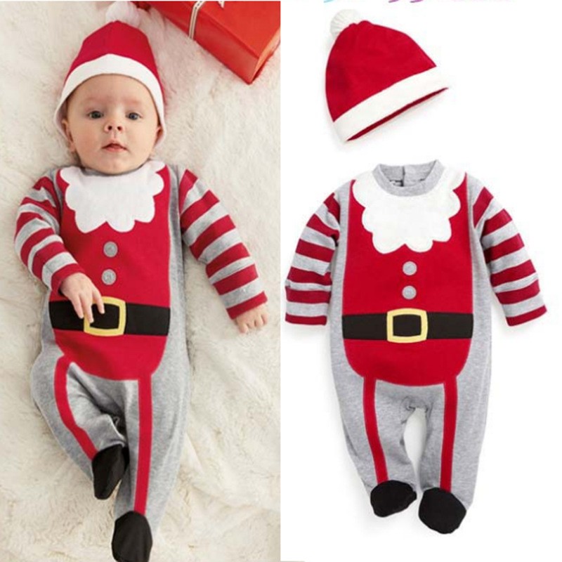 2022 Boys Girls Baby Rompers Santa Claus with Hats New Years Long Sleeve Jumpsuit Newborn Kids Clothes Childen Overall SKMY295