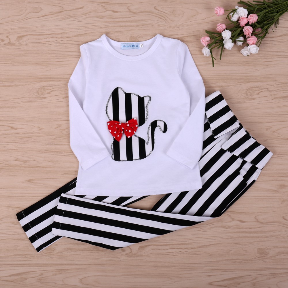 Spring Children Sportswear Clothing Sets White Dress + Striped Trousers 2 Pieces Sets Girl Kids Girls Clothes