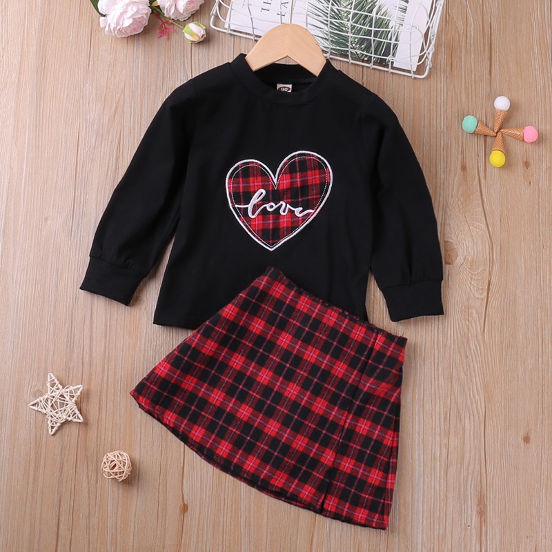 2022 New Autumn Casual Long-sleeved Suit Top Plaid Skirt 2pcs Kids Girls Clothing Sets Children Valentine's Day