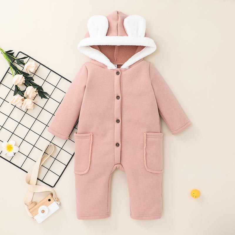 Baby Thicken Romper with Pockets Girls Long Sleeve Button-up Hooded Jumpsuit Baby Girl Boy Autumn Rompers