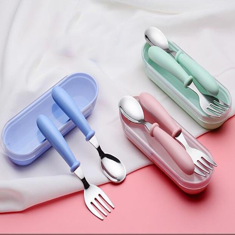 Baby gadgets cutlery set children utensils stainless steel baby dinnerware cutlery cartoon infant food feeding spoon fork