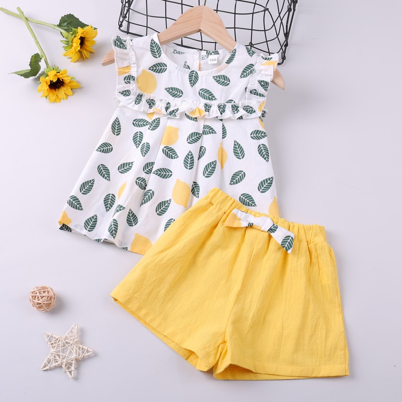 2022 New Summer Suit Clothing Sets Pattern Leaf Print Sleeveless Top+Pants 2pcs Kids Clothes Children's Clothing Girls Clothes