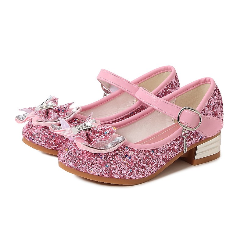 Princess pink shoes girls high heels 2022 children shoes new kids single shoes sequins students party blue dance shoe 23-38