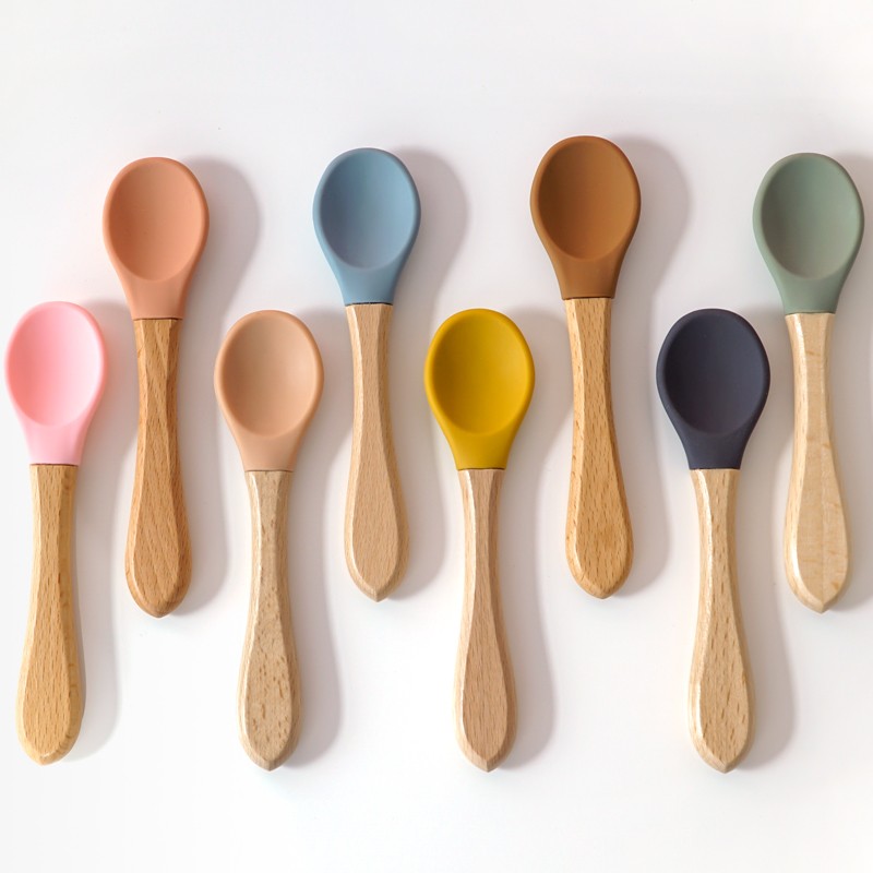 Wooden Feeding Handle Silicone Spoon For Baby Utensils Eat Soild Food Kids Training Ability Manipulation Children's Tableware