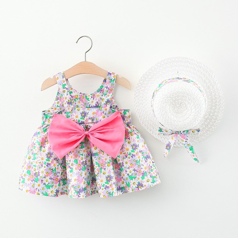 Summer Princess Toddler Girl Dress Floral Printed Newborn Infant Dresses Birthday Party Dress Hat Baby Girl Clothes