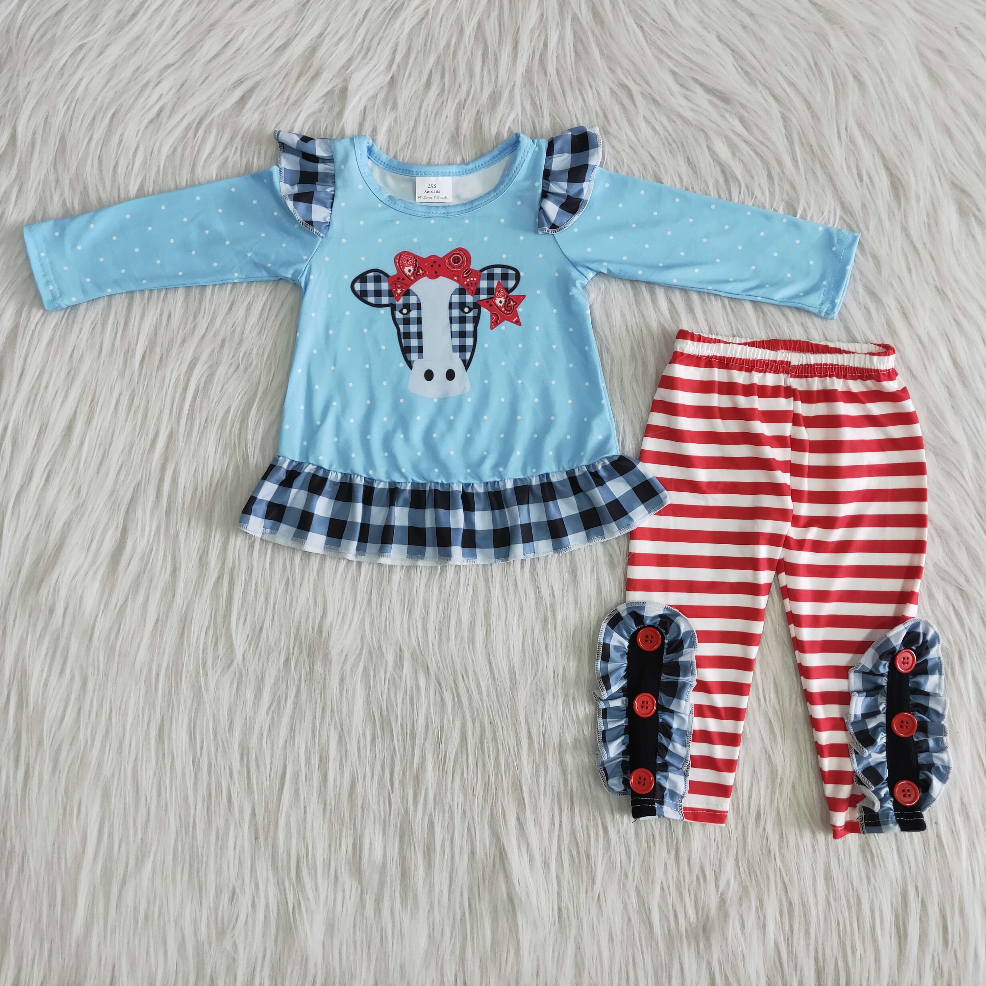 Lovely RTS Baby Toddler Girls Blue Cow Printed Shirt and Long Pants Clothes Sets Outfits Boutique