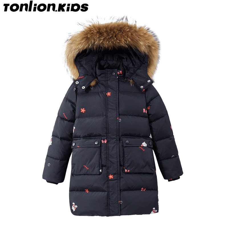 ton lion kids winter fashion casual windproof and warm girls mid-length down jacket 5-12 years old girls winter coat