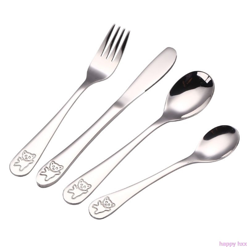 4pcs/set Baby Spoon Spoon Food Feeding Fork Knife Utensil Set Stainless Steel Kids Learning Eating Habit Children Tableware