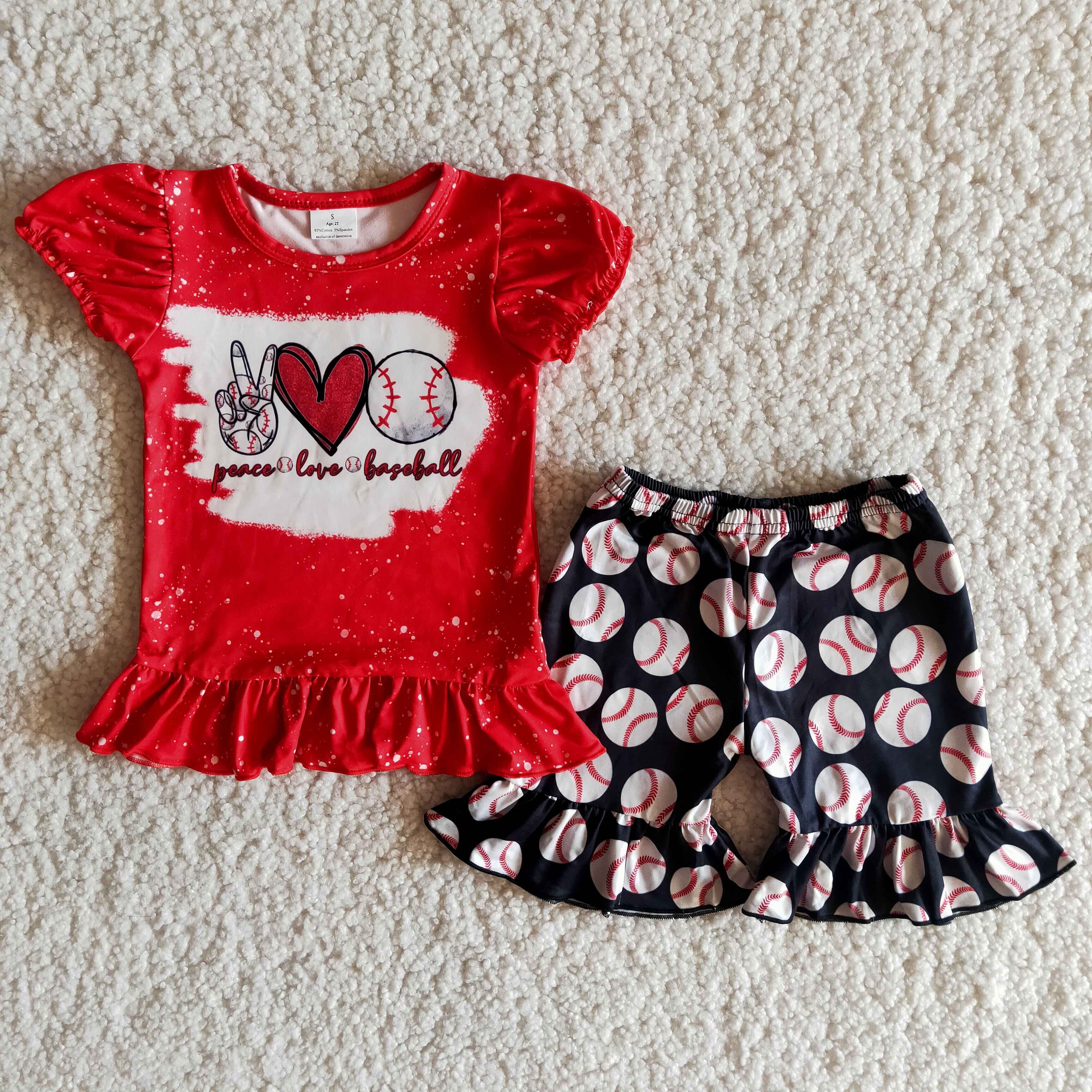 Paece love baseball infant baby girls clothes red short sleeve shirt shorts summer clothes kids boutique clothing sets