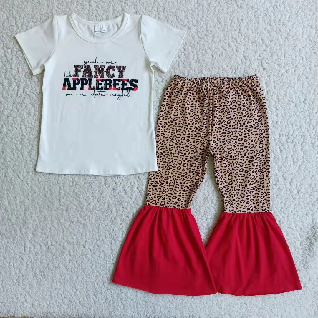 Hot Sale Girl Letter White T-shirt Short Sleeve Leopard Print Bell Pants Red Bottom Cool Kids Clothes 2pcs