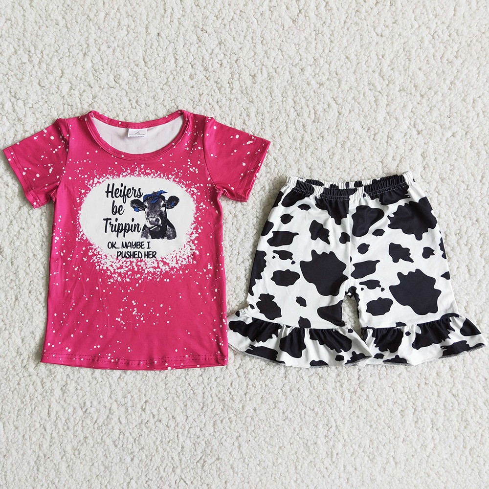 Baby Girl Set Cow Head Letter Pattern Short Sleeve Top Cow Pattern Ruffle Shorts Girl 2 Pieces Boutique Clothes