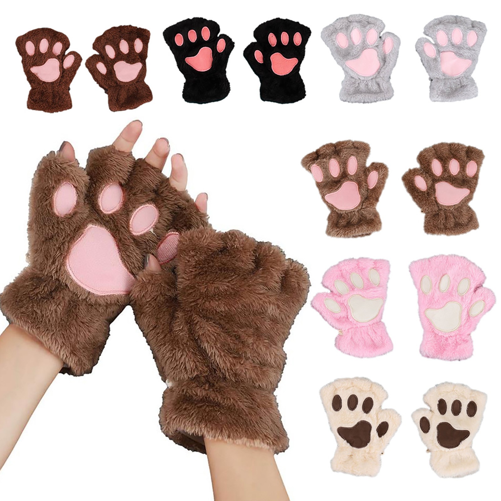 Cute Cat Paw Plush Fingerless Gloves Winter Warm Faux Fur Gloves Half Finger Gloves Lovely Bear Paw Gloves For Women Girls