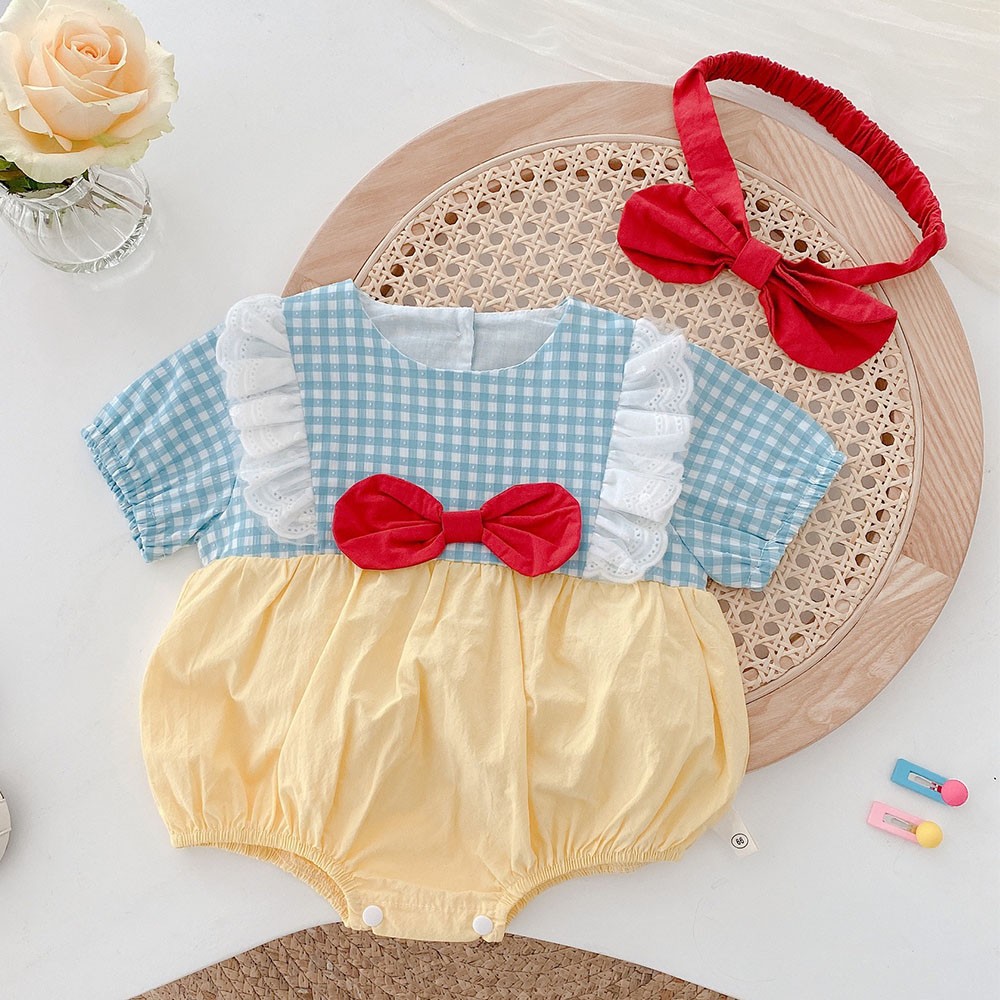 New arrival summer baby girl bodysuit cotton plaid patchwork bow newborn rompers princess birthday infant cloth with headband