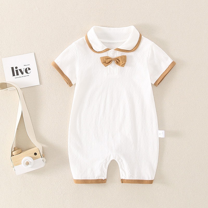 0-18M Newborn Baby Boys Bodysuits Jumpsuit Short Sleeve Turn Down Collar Bow Romper for Baby Infant Toddlers Summer Clothes