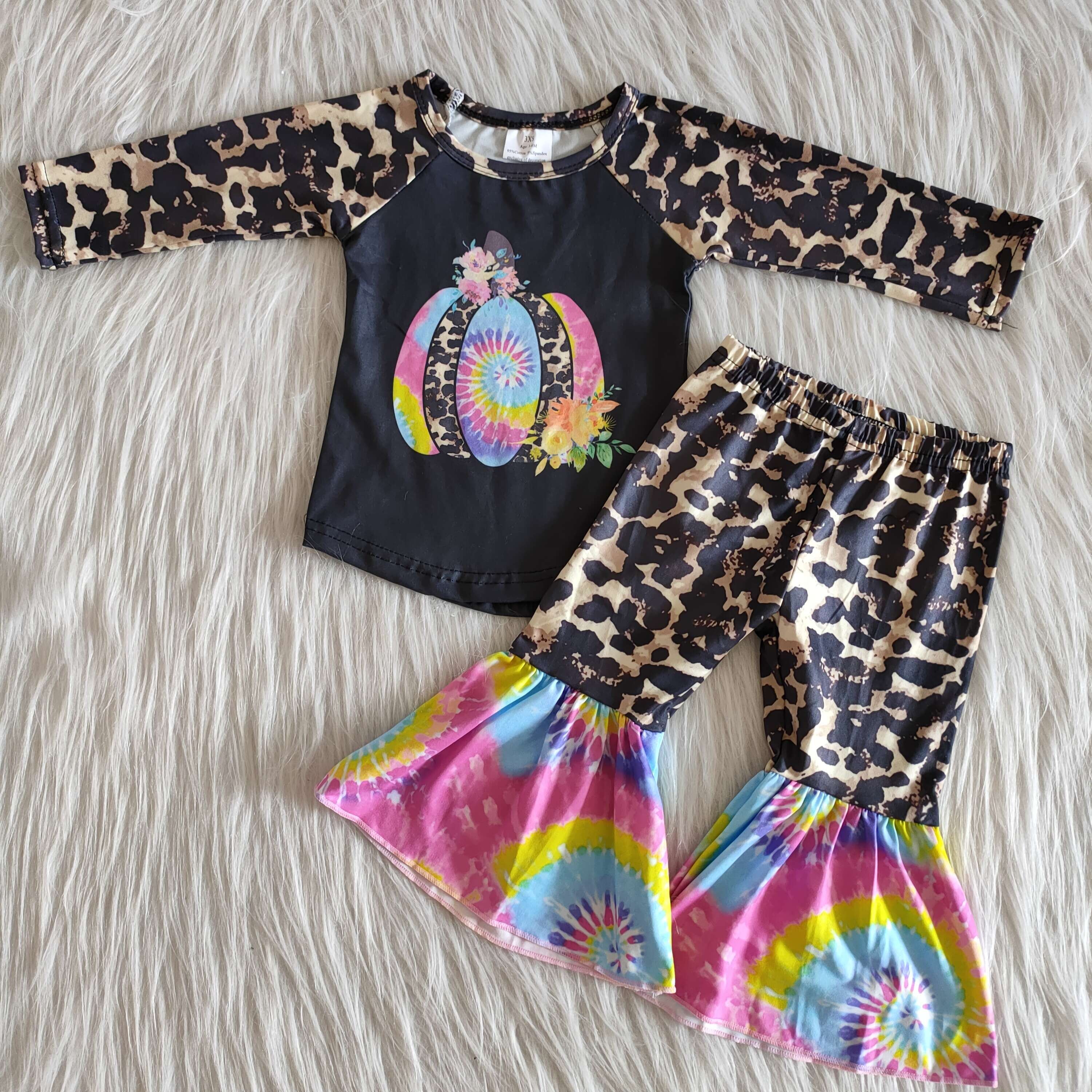 2020 wholesale RTS lovely pumpkin baby girls children long sleeve tie-dye bell bottoms clothing set baby boutique outfits