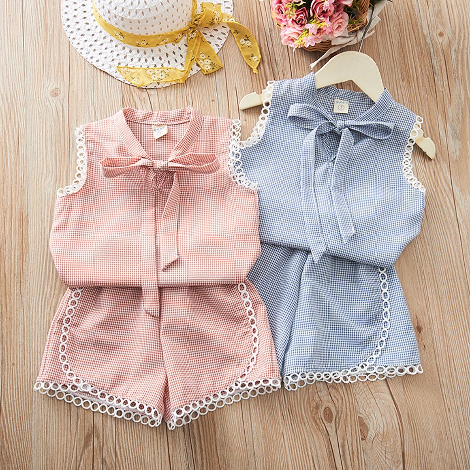 Kids Girl Plaid 2 Pieces Clothing Sets 2022 New Summer Fashion Lattice Bowknot Suits White Sealing Children Clothes Outfit