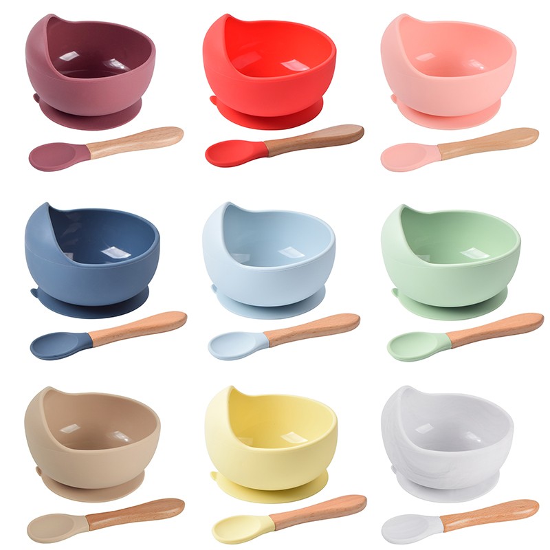 Baby Silicone Bowl Feeding Tableware Children Suction Bowl Plate Wooden Handle Silicone Spoon Dish Set For Baby Kitchen Utensils