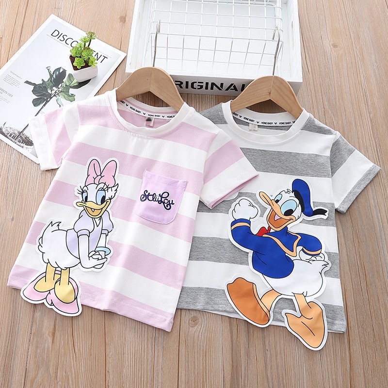 Summer Daisy Donald Duck Short Sleeve T-shirt Fashion Striped T-Shirt For Little Girls Cute T-shirt Toddler Kids Boys Clothes