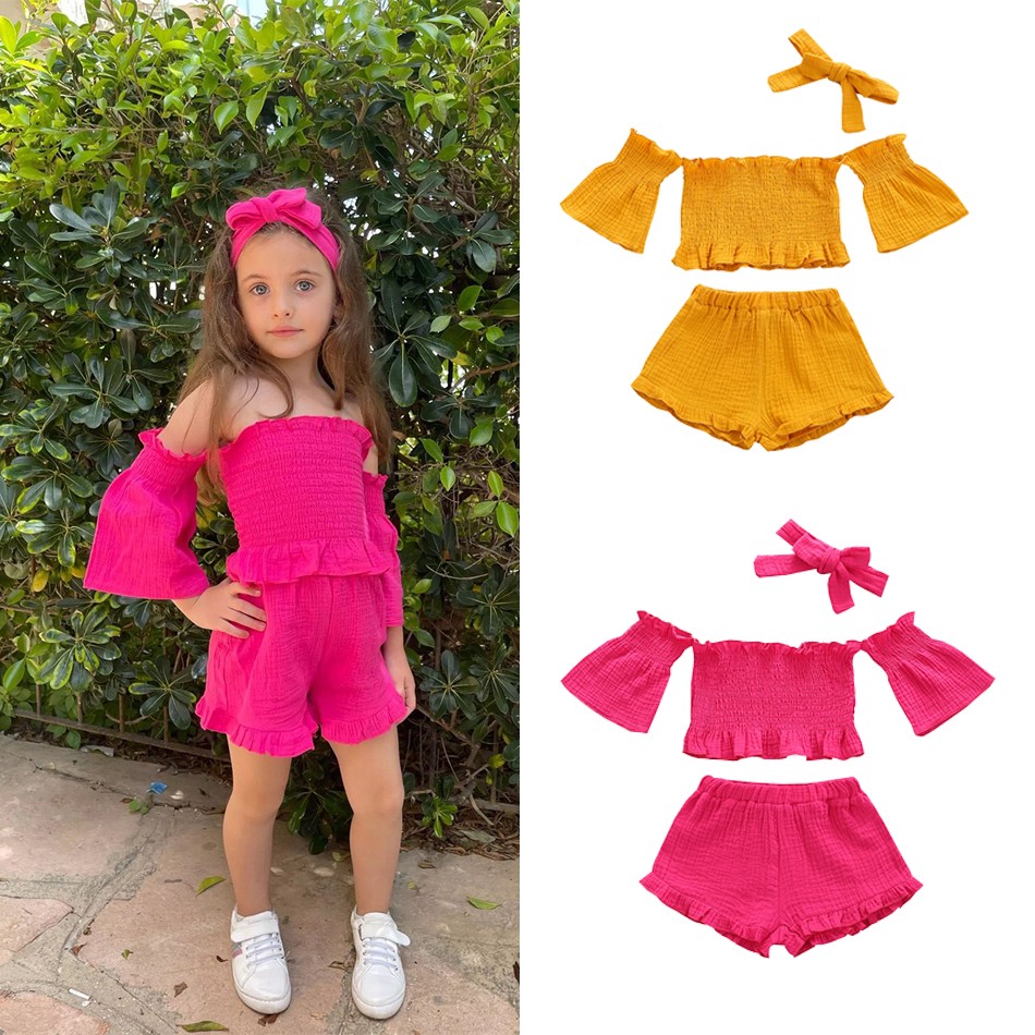 Infant Girls Clothes Baby Girl Toddler Off Shoulder Short Sleeve Tops Belt Pants Headband Outfit Sunsuit Kids Clothes Set 1-5y