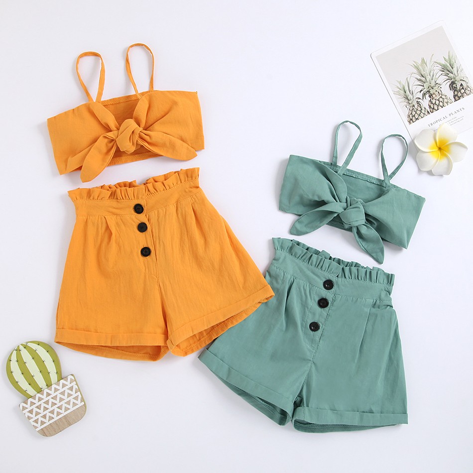 1-6y Infant Kids Baby Girls 2pcs Fashion Summer Clothes Set Bowknot Solid Crop Tops Vest Shorts Pants Outfits