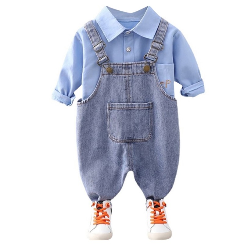 summer baby long sleeve denim shirt straps shorts casual suit boy clothing set children sets 1-4 years for baby