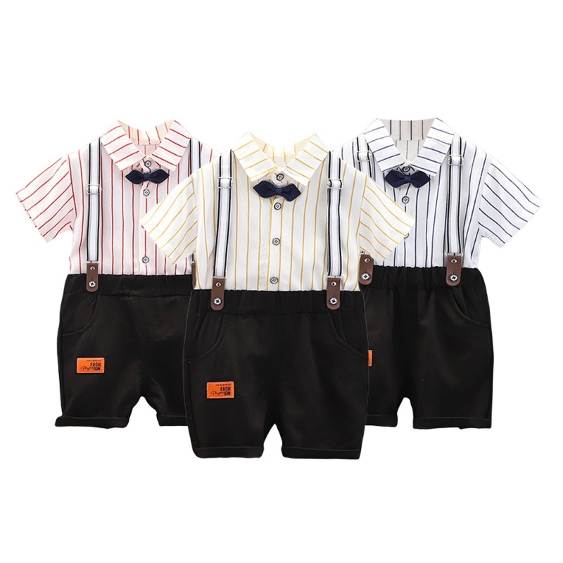 Summer Kids Boys Striped Shirt Straps Shorts Baby Boy Clothing Sets Short Sleeve Genetleman Suit 1-4 Years For Baby