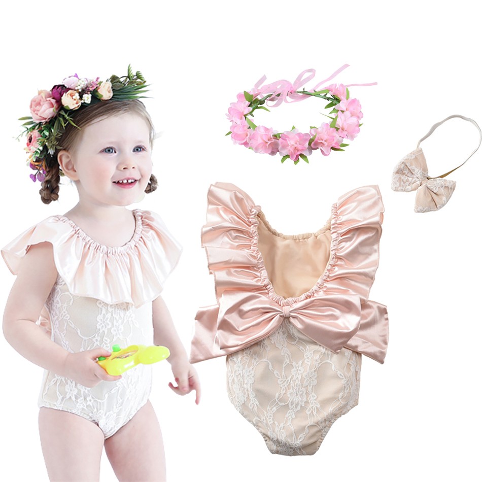 2022 Cute Ruffled Girls Swimwear With Bow Headband Kids Backless Bathing Suit Kids Beachwear